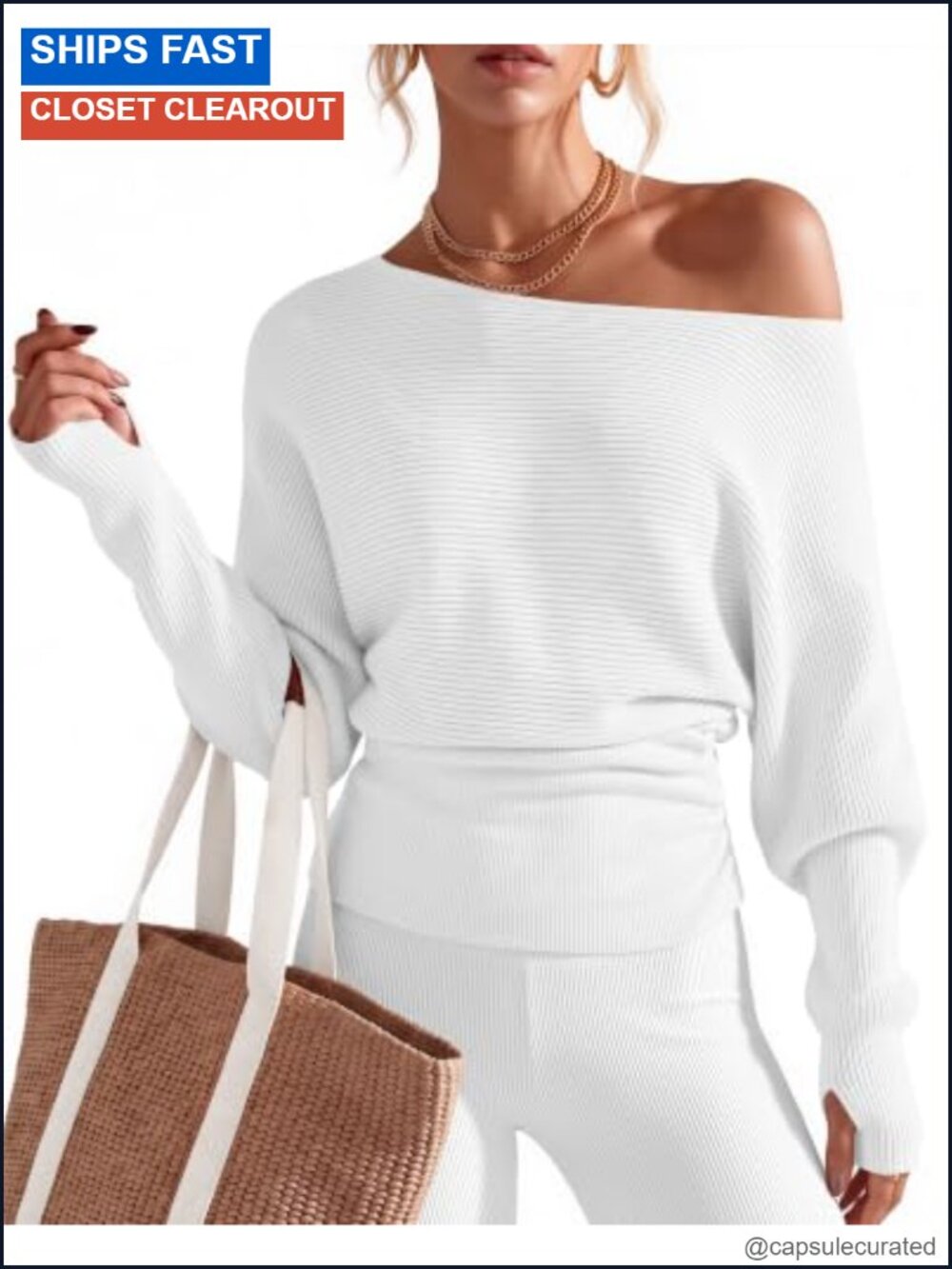 Oversized Off Shoulder Sweater with Thumb Hole Ribbed Knit Pullover